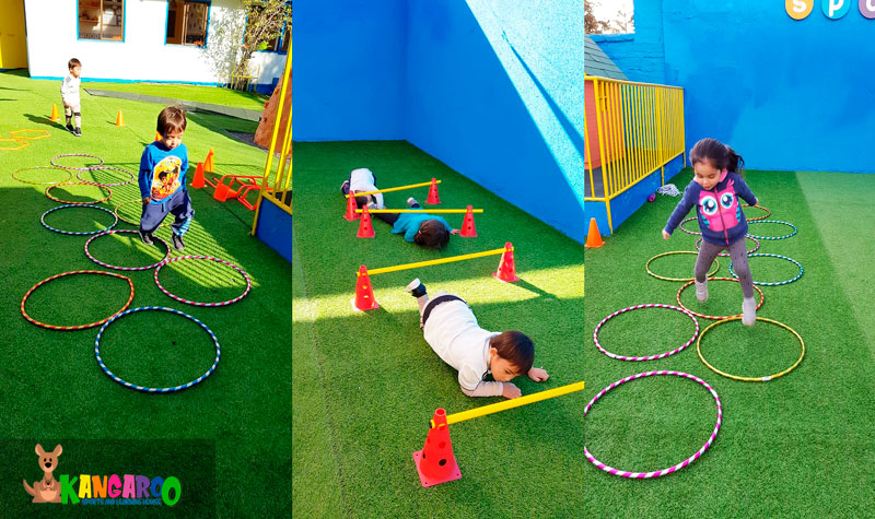 Niños realizando ejercicios de gimnasia artística y psicomotricidad